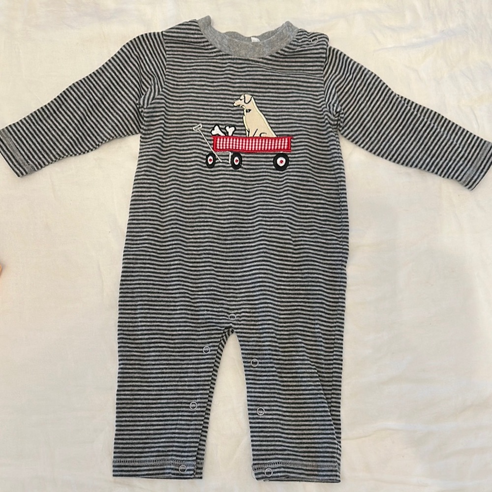 Striped Gray Kids One Piece with Dog Design